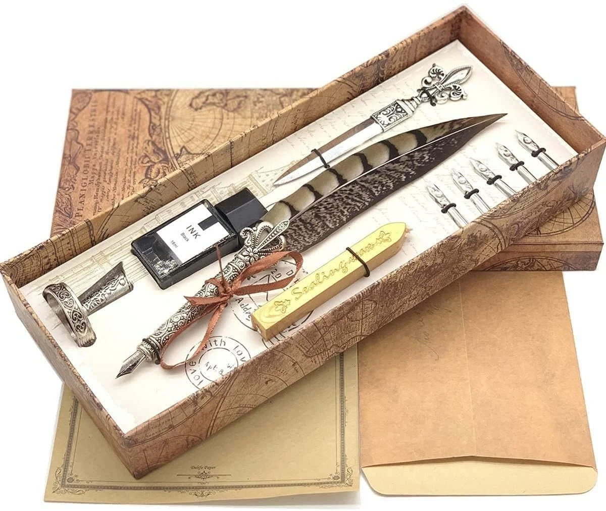Antique Two-Color Feather Pen Quill Dip With 14 Piece Set, Pheasant Antique Two-Color Feather Pen Quill Dip With 14 Piece Set, Pheasant