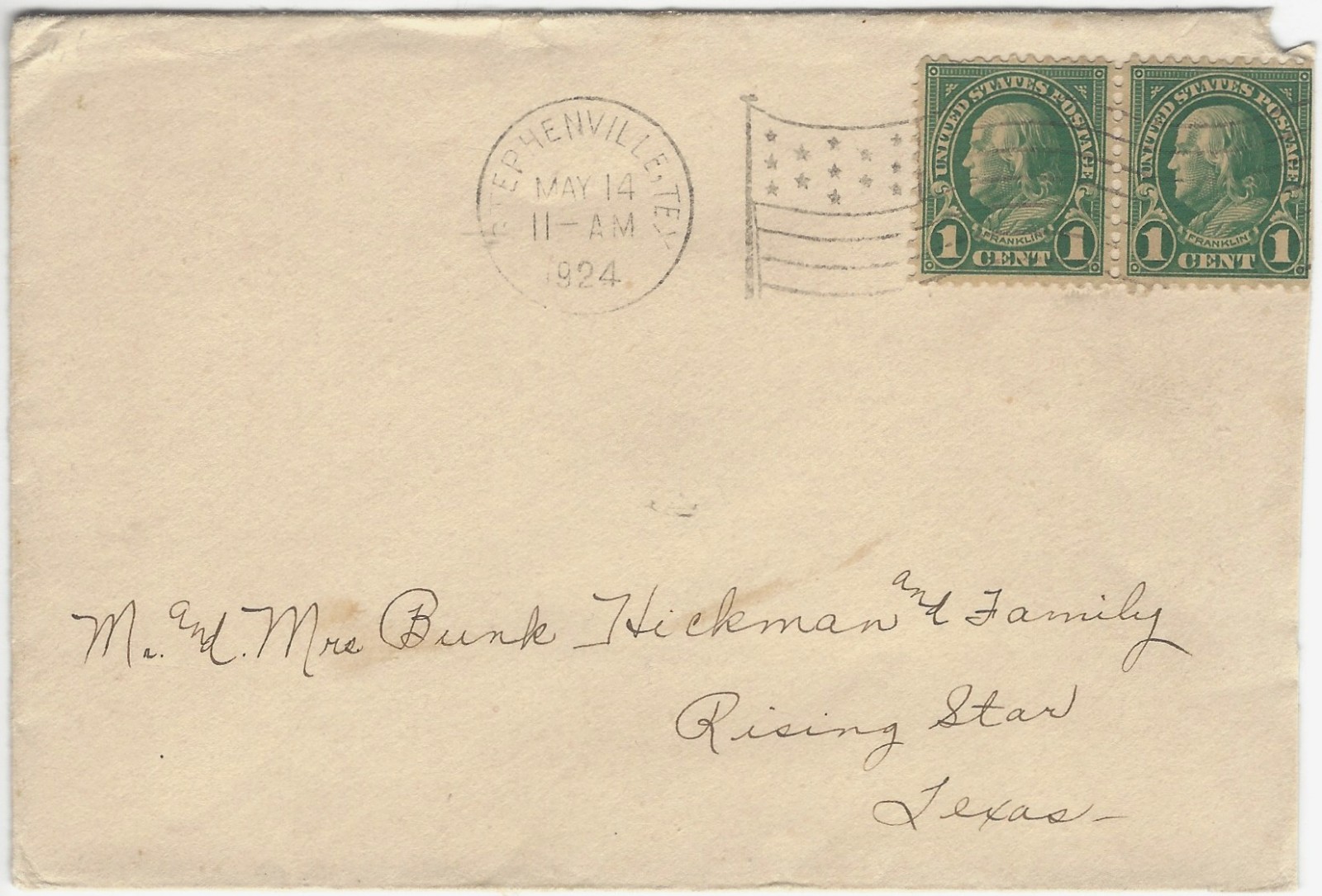 1924 Stephenville Texas flag cancel on cover - decent copy of SCARCE Texas flag