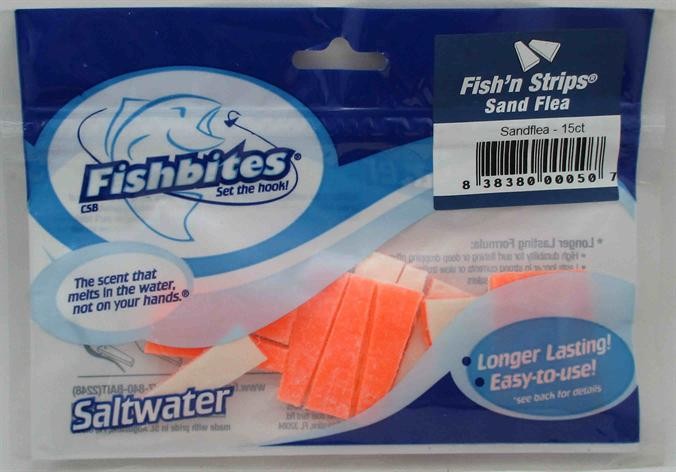 Fishbites 0050 Fish n Strips Sand Flea Orange White Long Lasting Scent 15CT Fishbites 0050 Fish n Strips Sand Flea Orange White Long Lasting Scent 15CT