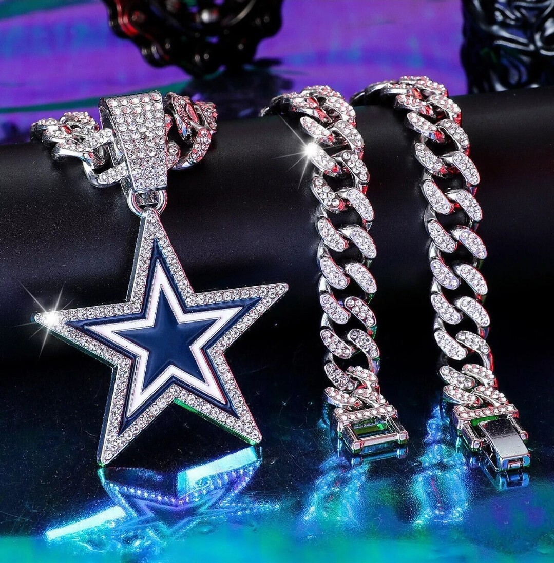DALLAS COWBOYS Silver CZ Chain Fan Jewelry Bling Hip Hop Pendant And 24 DALLAS COWBOYS Silver CZ Chain Fan Jewelry Bling Hip Hop Pendant And 24