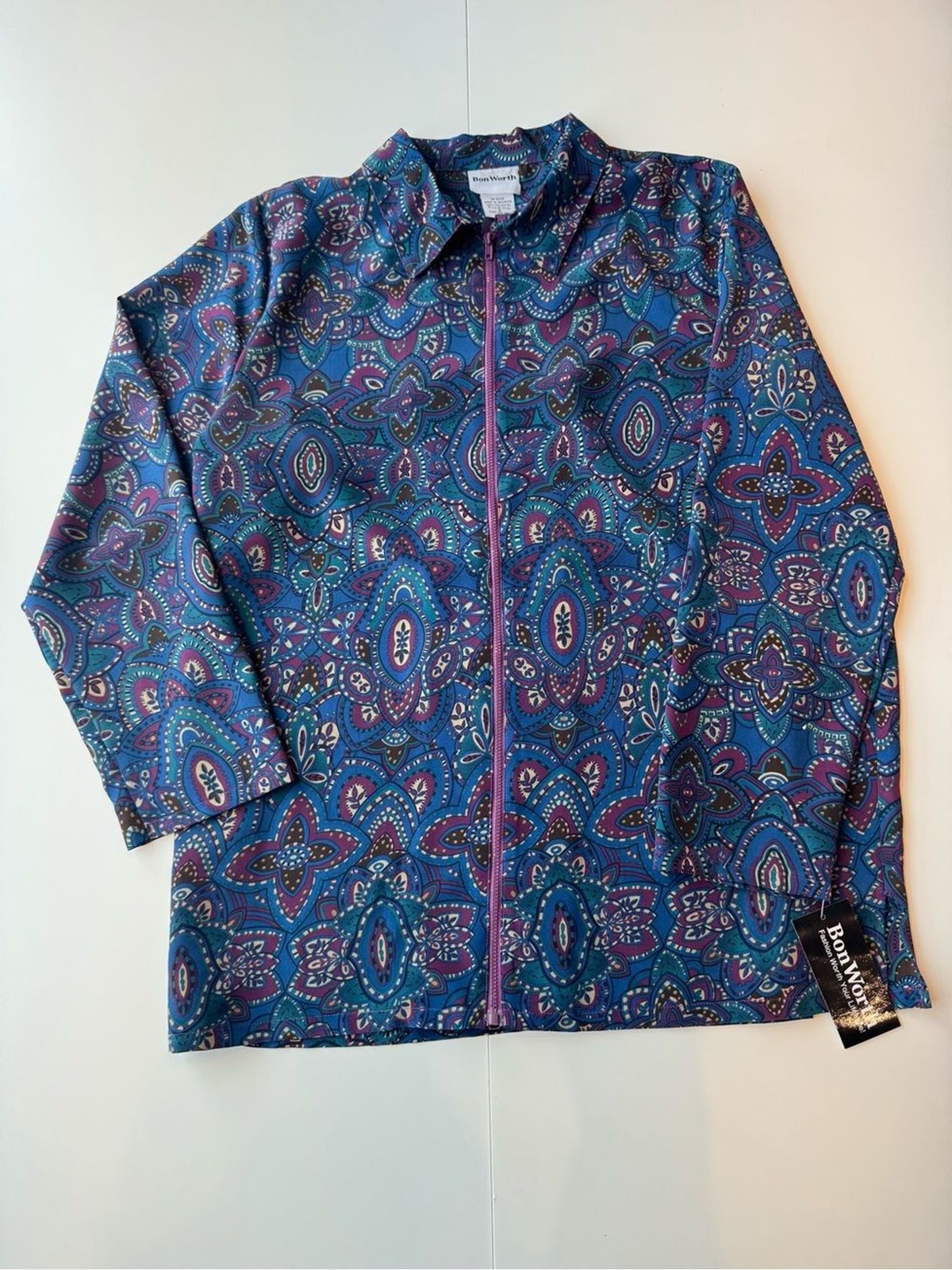 BonWorth Vintage 90’s Women\'s S Blue/Purple Paisley Collared Zip Jacket BonWorth Vintage 90’s Women\'s S Blue/Purple Paisley Collared Zip Jacket