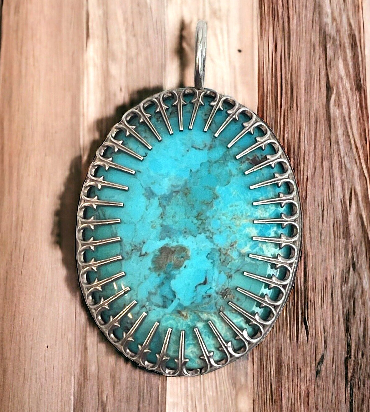 Artisan Signed Handmade Turquoise Metal Filigree Western Oval Pendant 2\