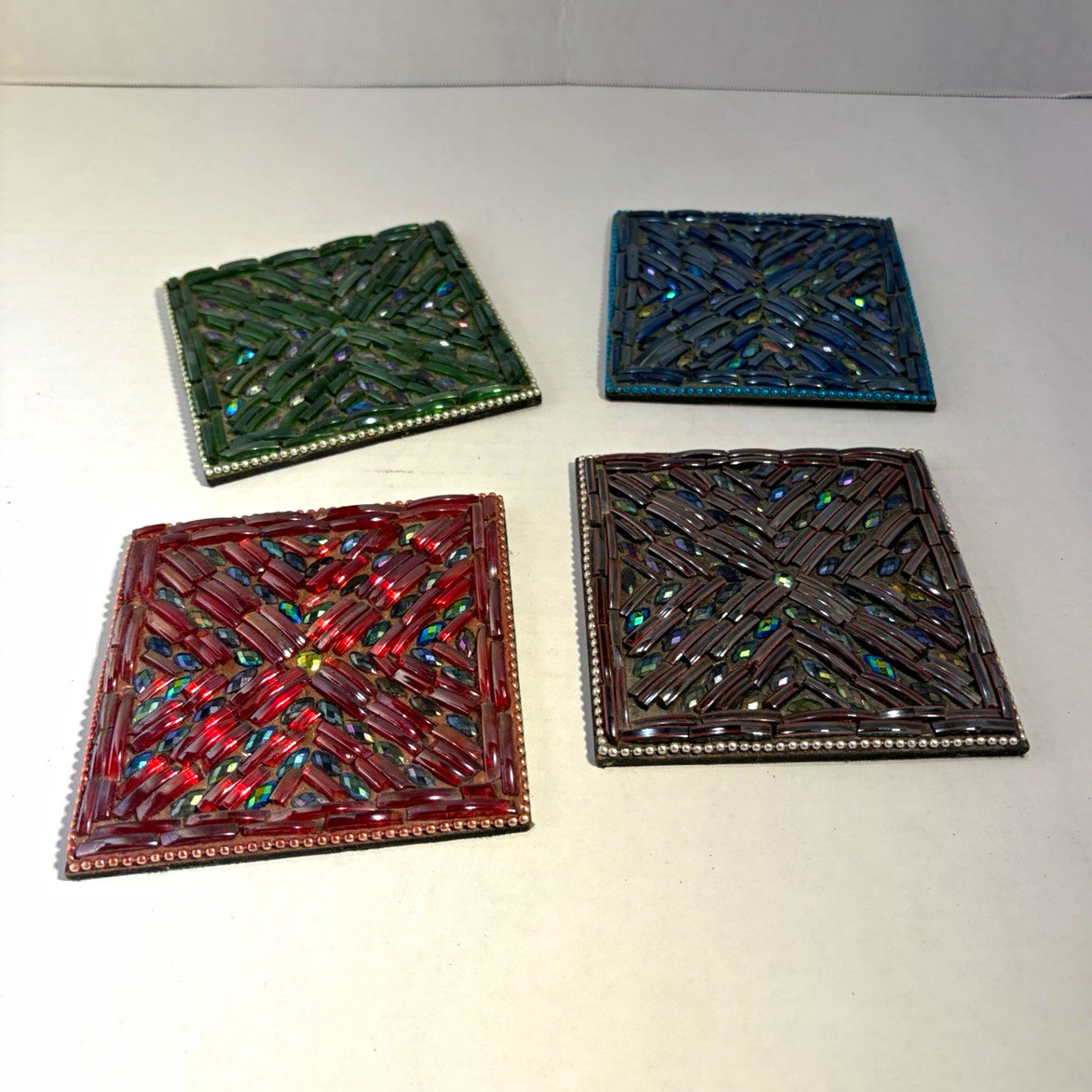 Vtg Pier One Geo Beaded Glass Bugle Bead Square Drink Coasters Set 4 Boho