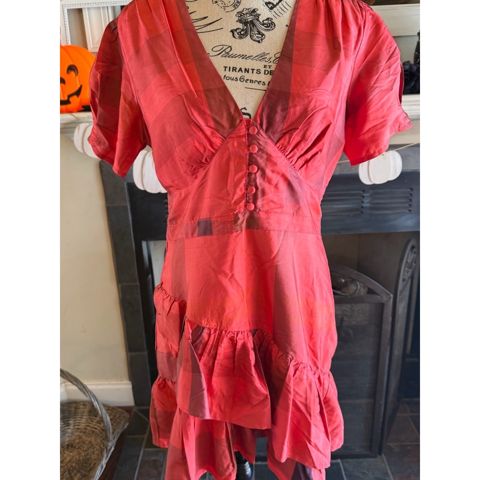 NWT LoveShackFancy Bea Plaid Silk Ruffle Mini Dress Red 100% Silk Holiday Sz 8