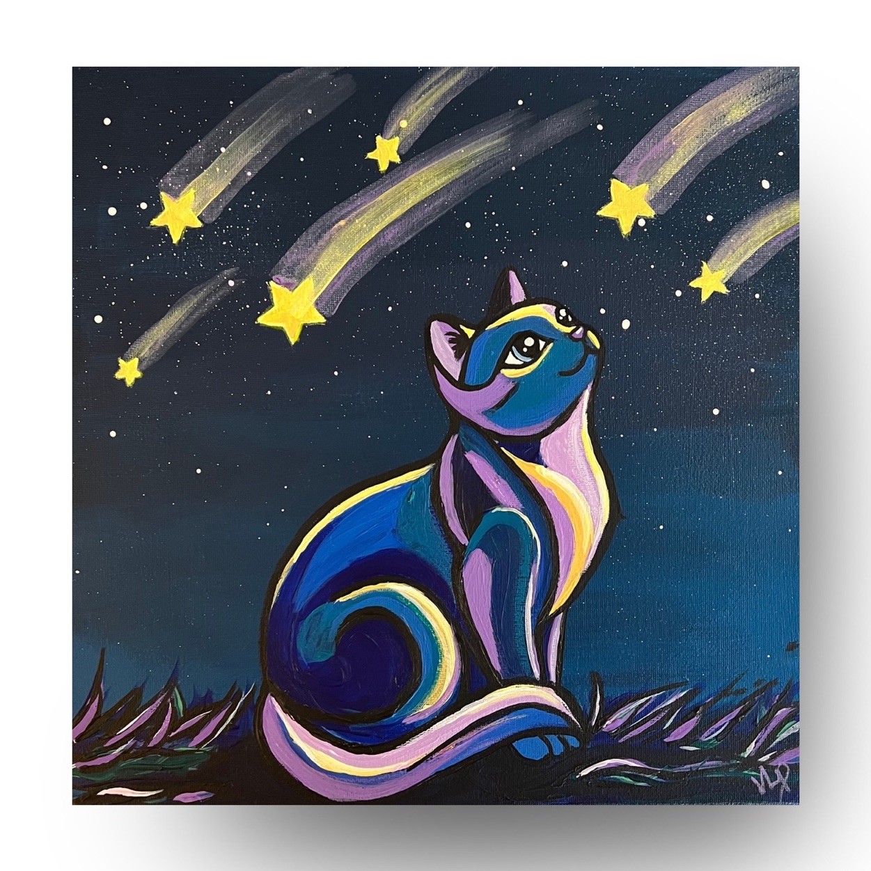 Stargazing Cat Original Acrylic Painting 12x12 - Whimsical Celestial Fantasy