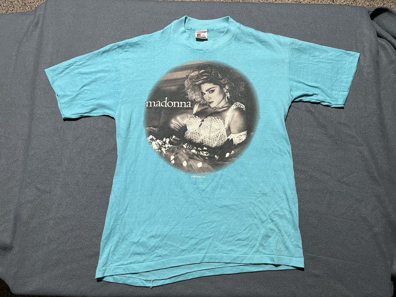 Vintage Madonna THE VIRGIN TOUR Aqua Concert T-Shirt 1985 Large Original Stains