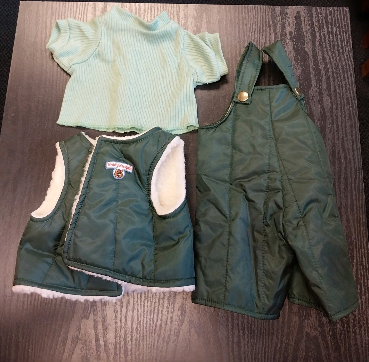 Vintage 1980s Teddy Ruxpin Green Vest, Overalls, Shirt, Excellent, 