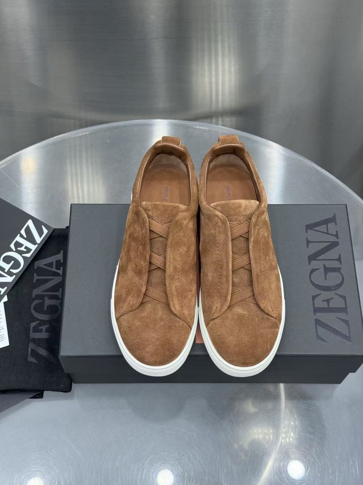 Men's Zegna Triple Stitch Low-Top Slip-On Brown Suede Casual Shoes