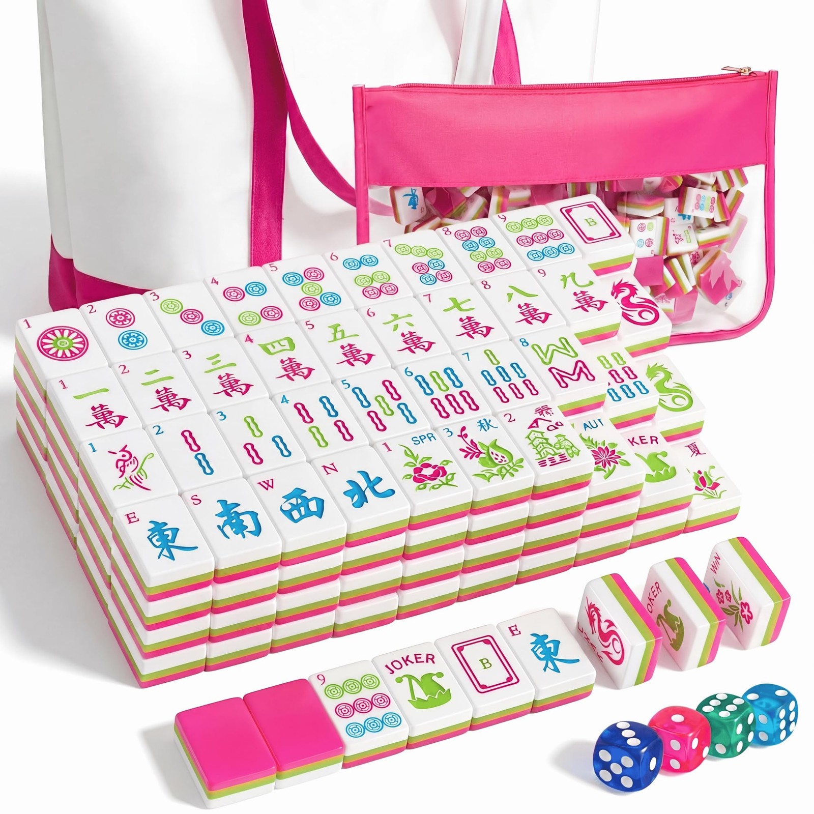 Soulchen 3 Layer American Mahjong Set, 168 Pcs Green and Pink Tiles with 2 Ca...