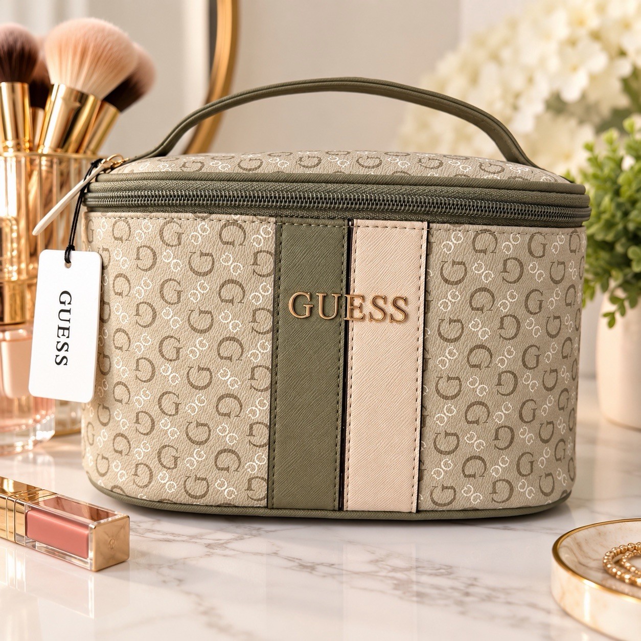 GUESS Kerry Light Sage Faux Leather Makeup Bag Zipper Handle 9in JCS9708958