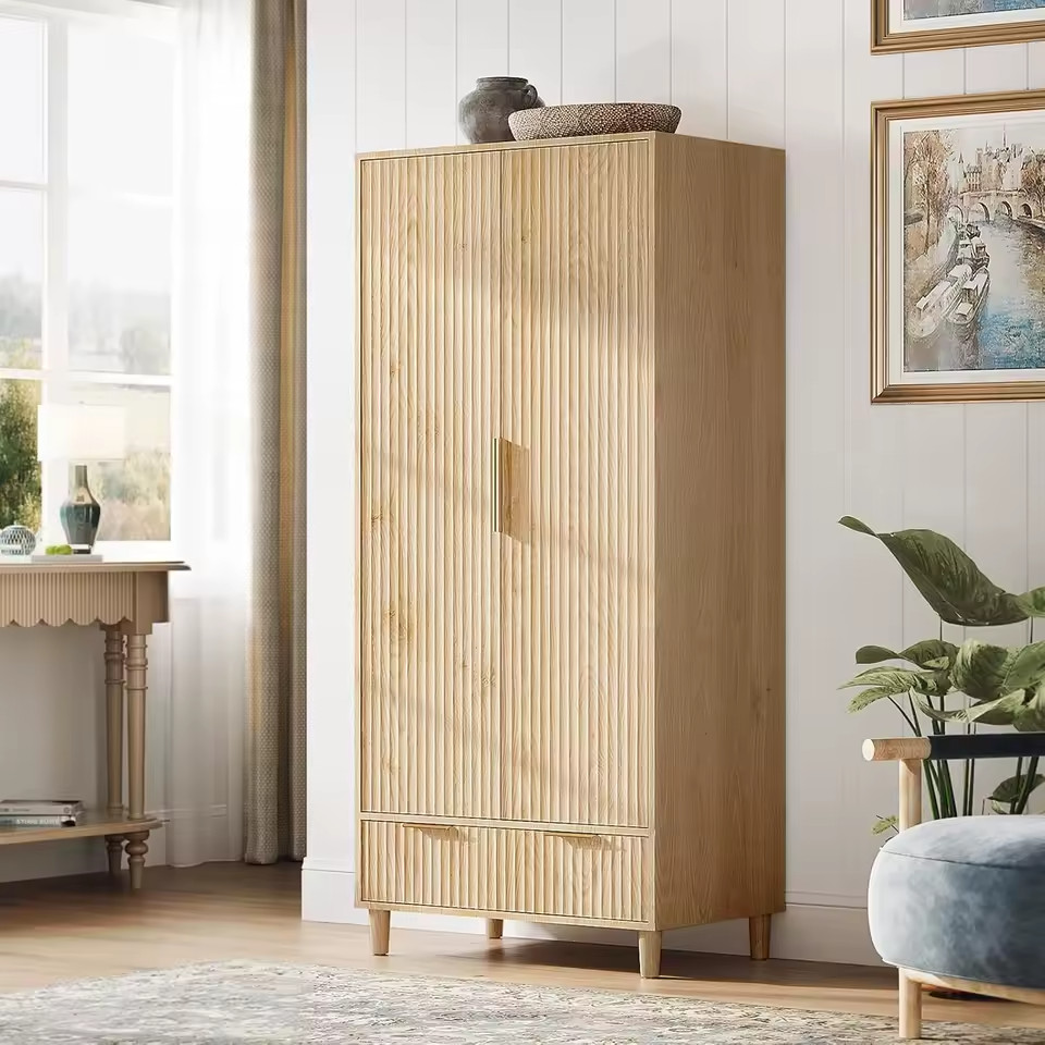 Fluted Wardrobe Closet Armoire with Drawers Cabinet Doors White or Oak Options