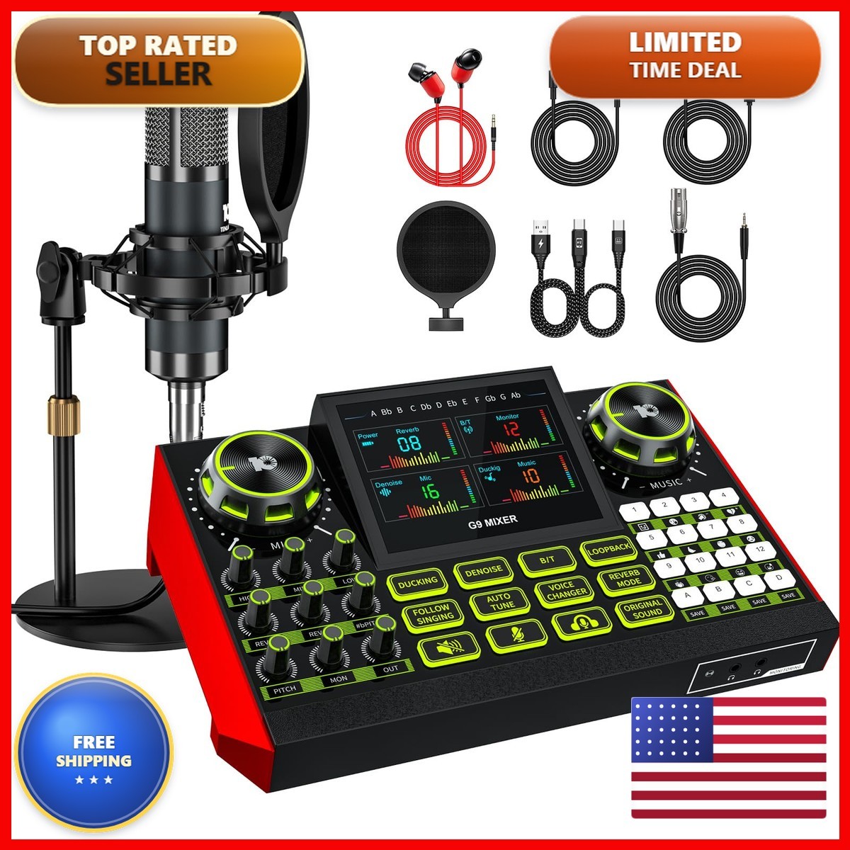 TENLAMP G9 Audio Mixer Bundle Microphone For Streaming & Karaoke G9+Mic(P15)