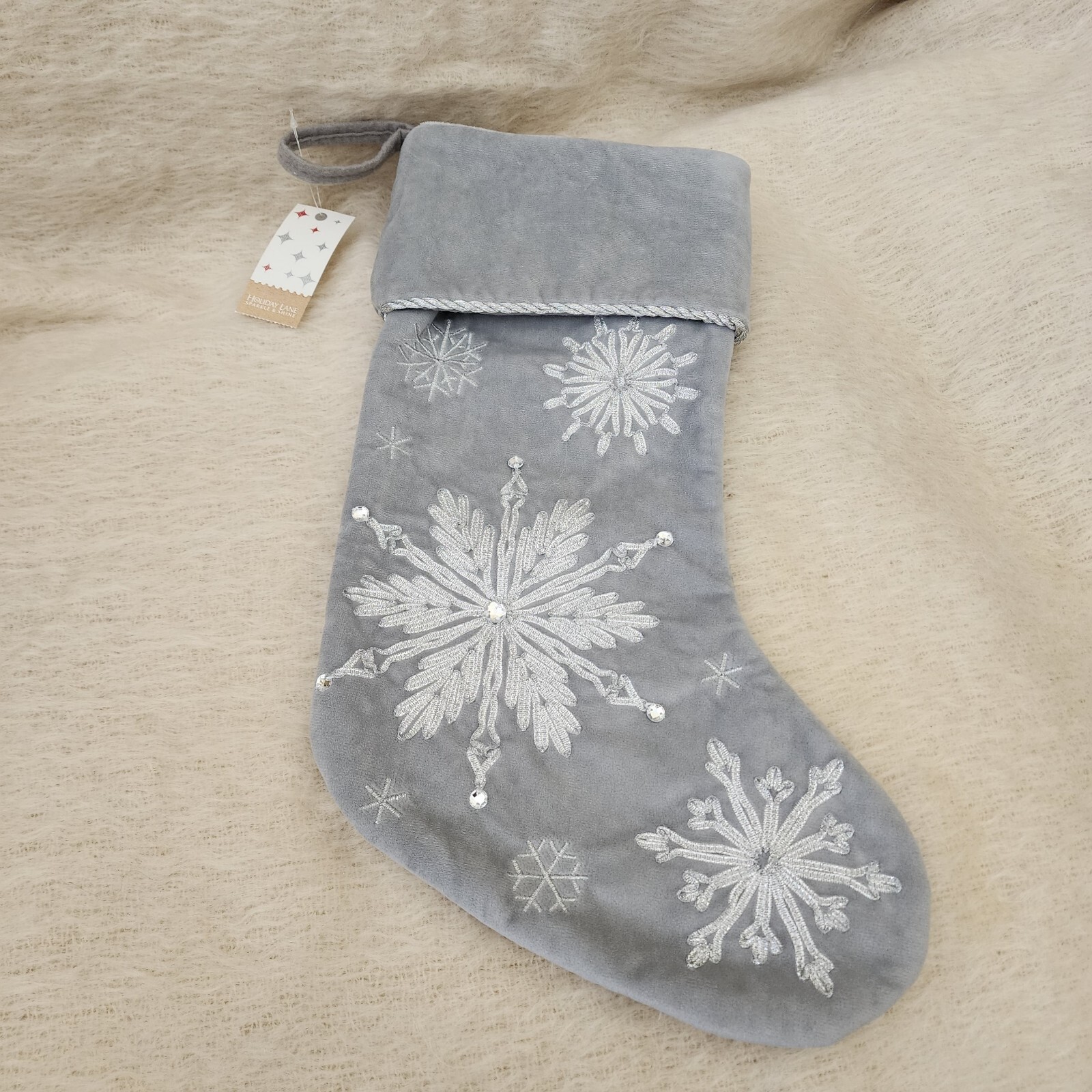 Holiday Lane Christmas Stocking Holiday Gray Silver Glitter Gems Snowflakes New Holiday Lane Christmas Stocking Holiday Gray Silver Glitter Gems Snowflakes New