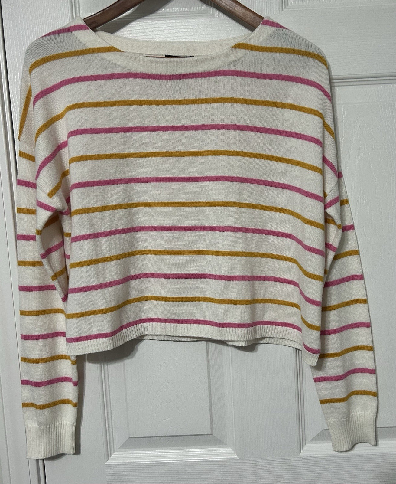 Lumiere Women’s Pink & Mustard Stripe Cropped Sweater Preppy  Pullover Size S