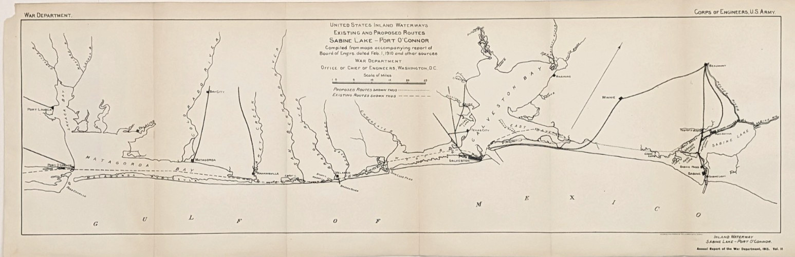 1913 TEXAS Coastal Map PORT LAVACA to SABINE LAKE - Inland Waterways Galveston