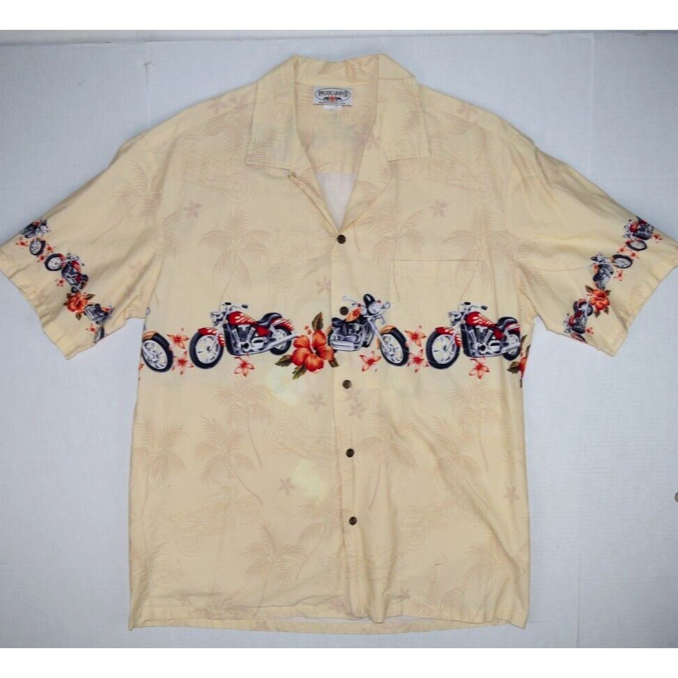 Vintage 70s 80s Pacific Legend Hawaiian Shirt Mens L Motorcycles Center Stripe