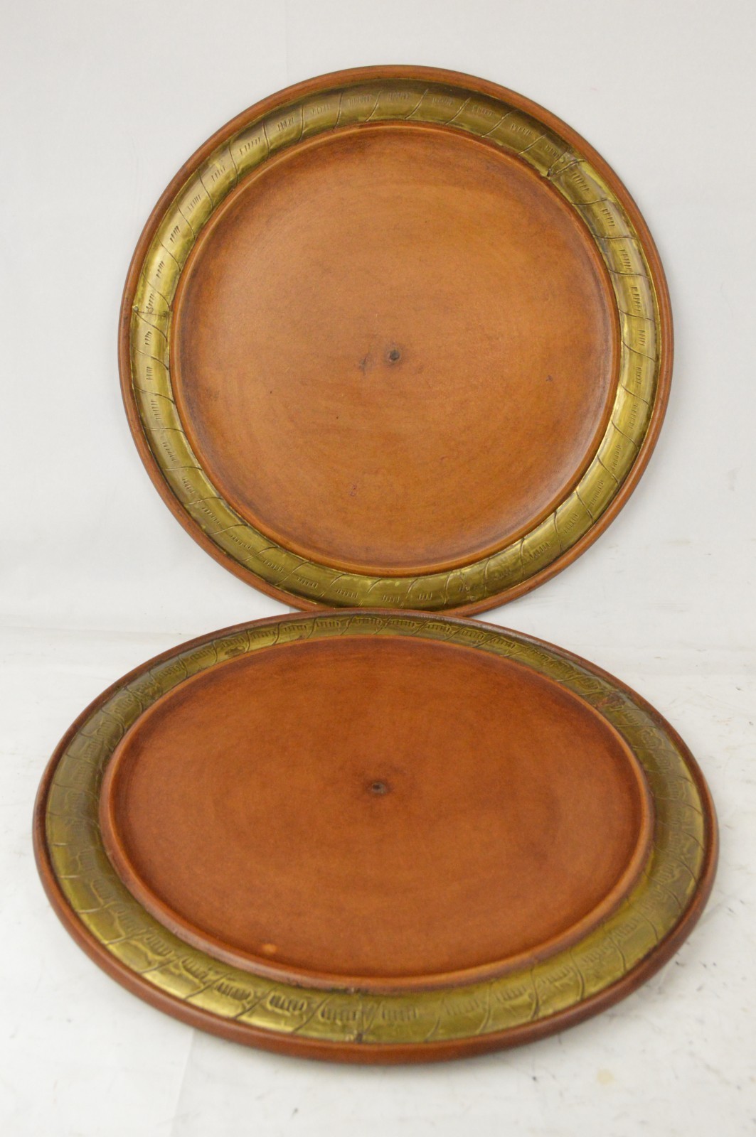 Vintage Pier 1 Imports Wood Charger Plates Brass Metal Rim 13\