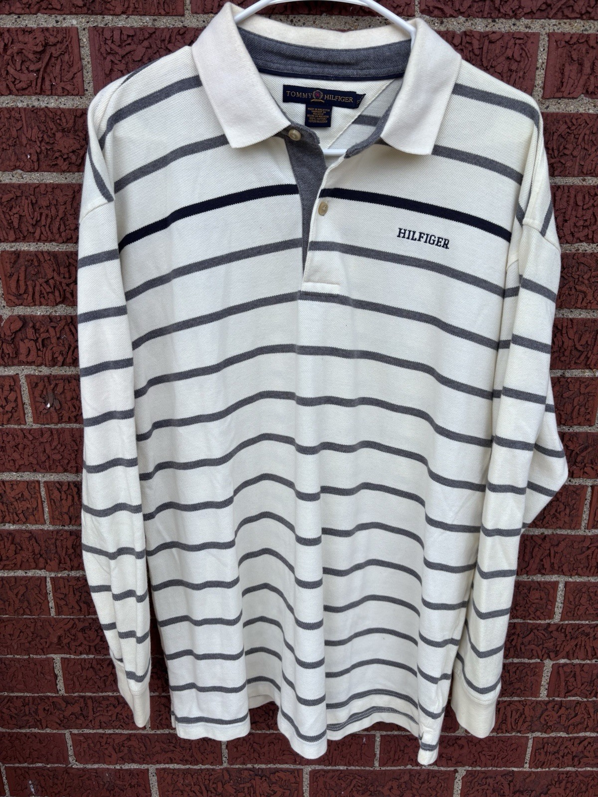 Vtg Tommy Hilfiger Script Mens XL Long Sleeve Rugby Shirt Striped White Blue Vtg Tommy Hilfiger Script Mens XL Long Sleeve Rugby Shirt Striped White Blue