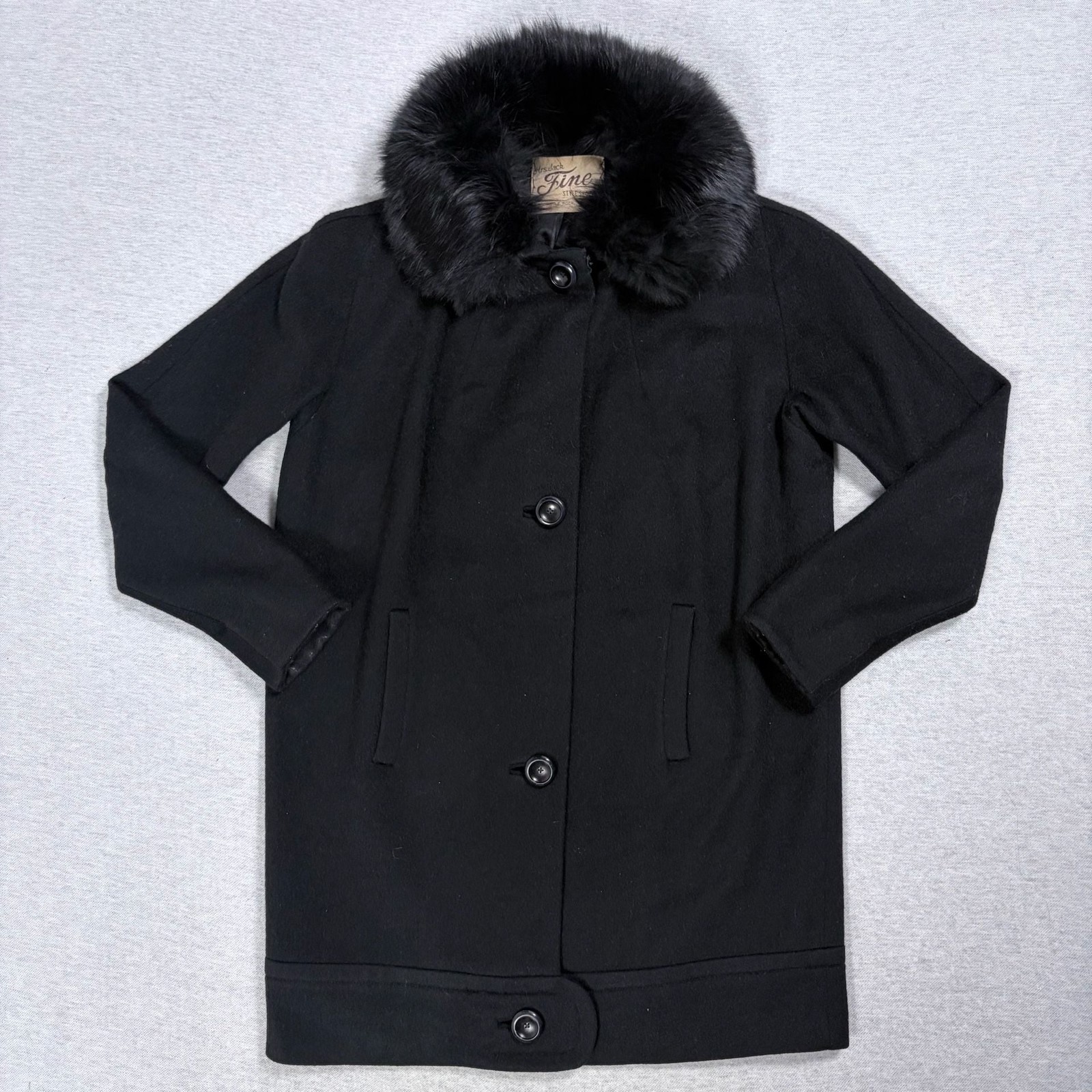 Vintage 1950s Moordale Black Wool Coat Genuine Fox Fur Collar MINT Condition M/L