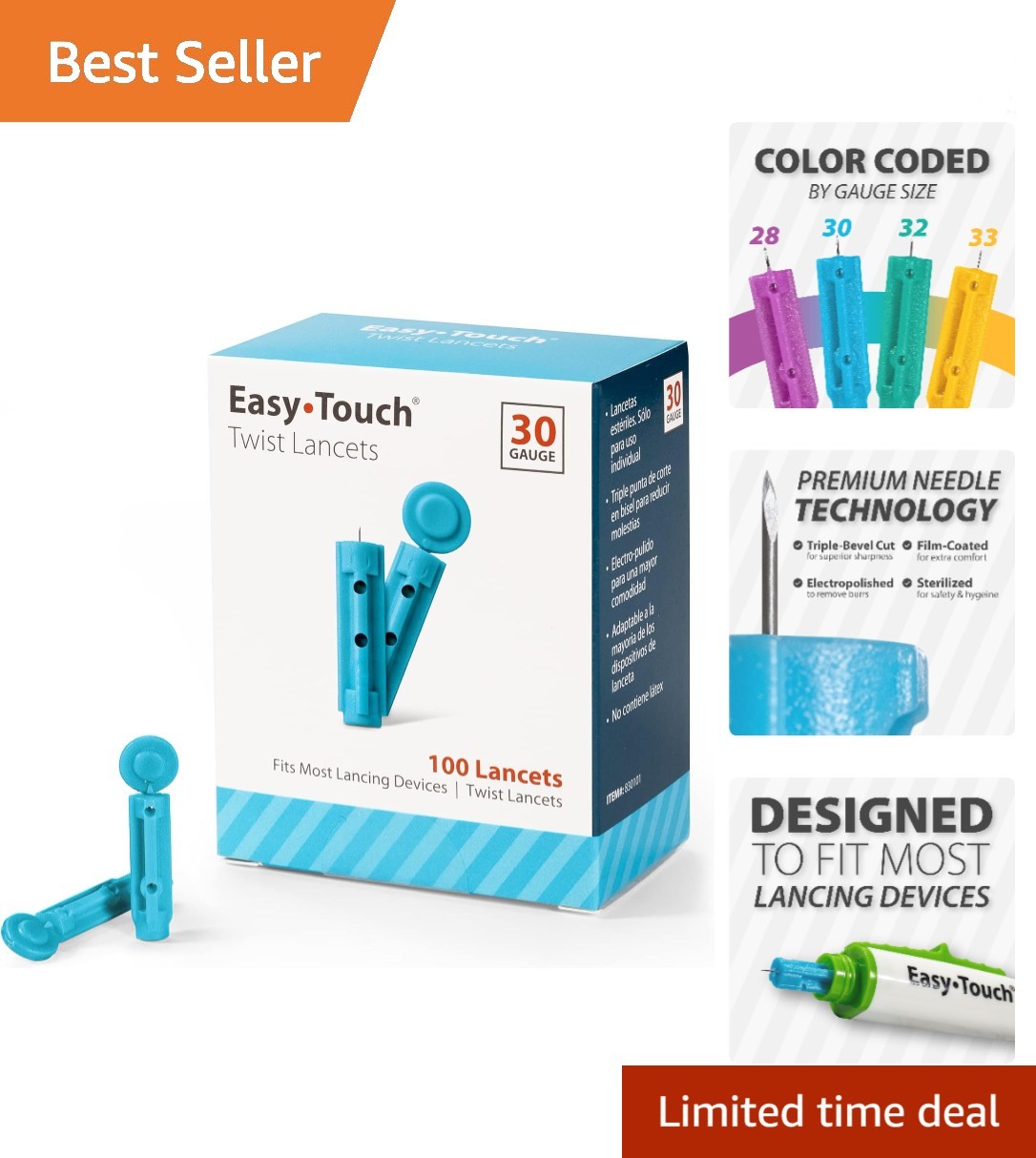 Comfortable 30-Gauge Twist Lancets - 100 Sterile, Individually Sealed Units