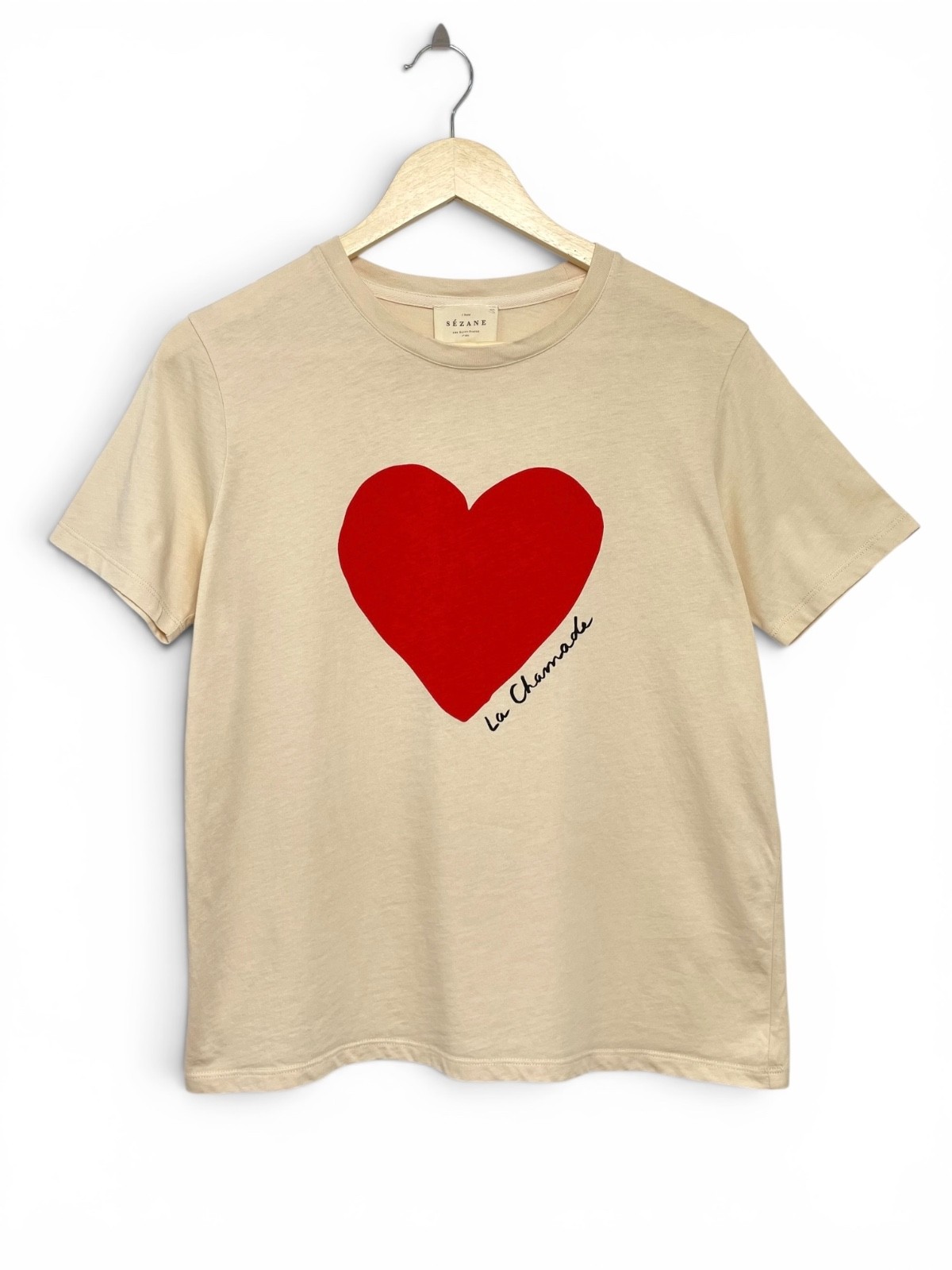 Sézane Paris La Chamade Red Heart Graphic T-Shirt Beige Organic Cotton, Size S