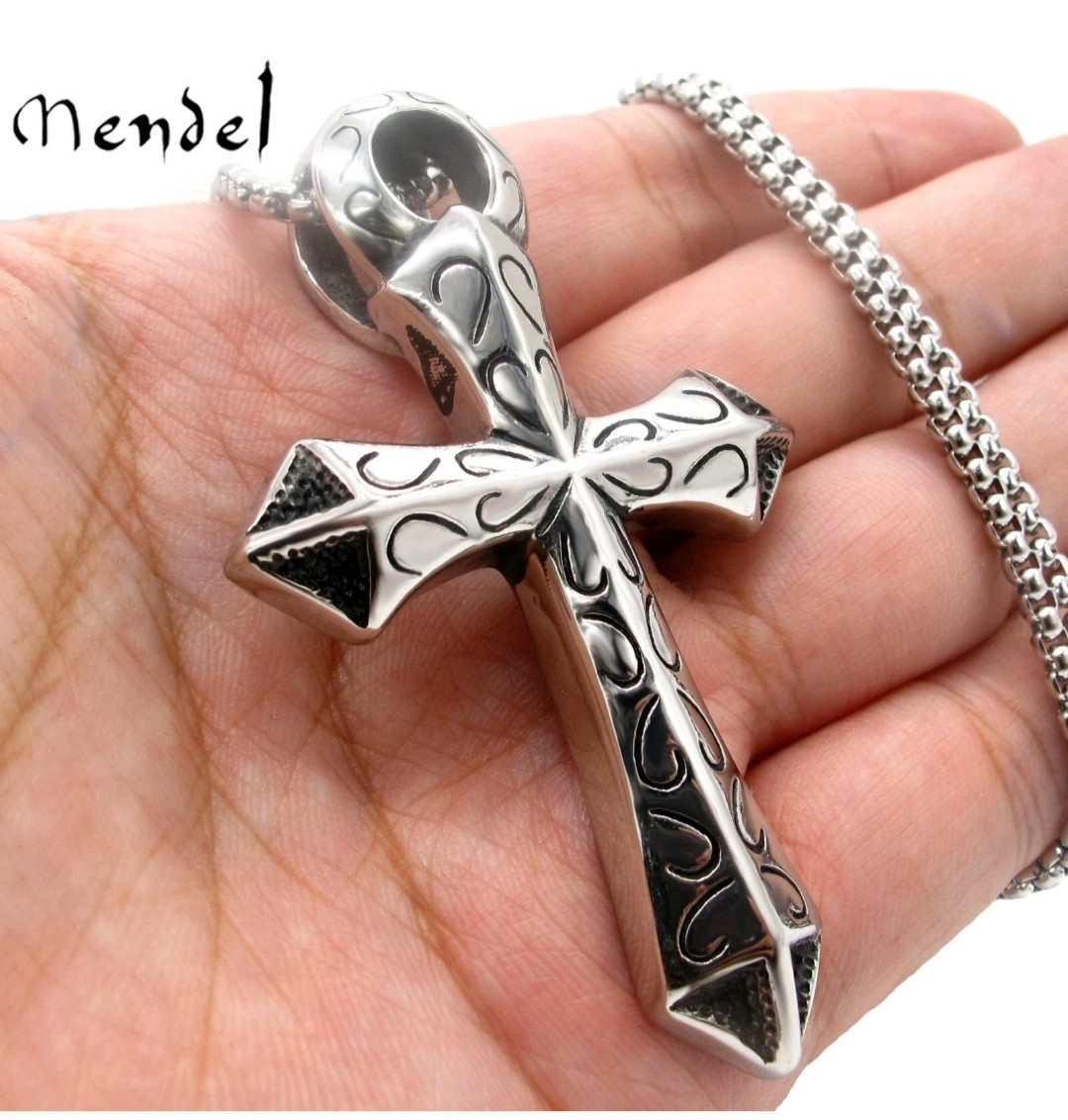 MENDEL Mens Large Egyptian Ankh Cross Pendant Necklace For Men Stainless Steel
