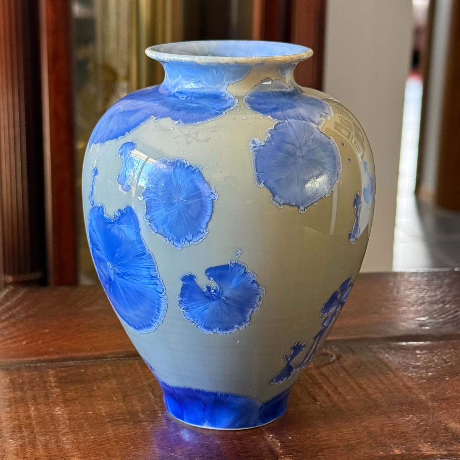 VTG 1980s Crystalline Glazed Studio Art Pottery Vase Blue Snowflake 6.25\ VTG 1980s Crystalline Glazed Studio Art Pottery Vase Blue Snowflake 6.25\