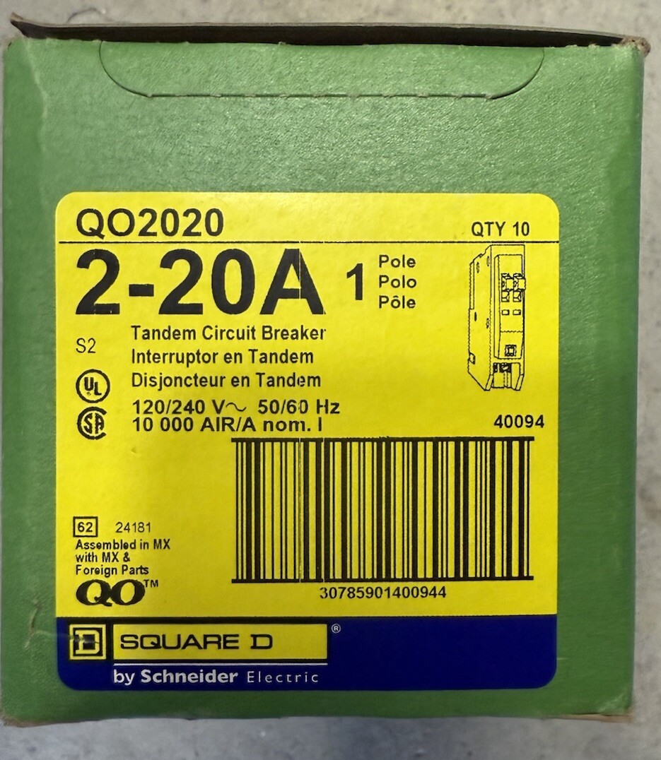 10 PCS Square D QO2020/QO2020C No Hook 2-20A Single Pole Tandem Breakers