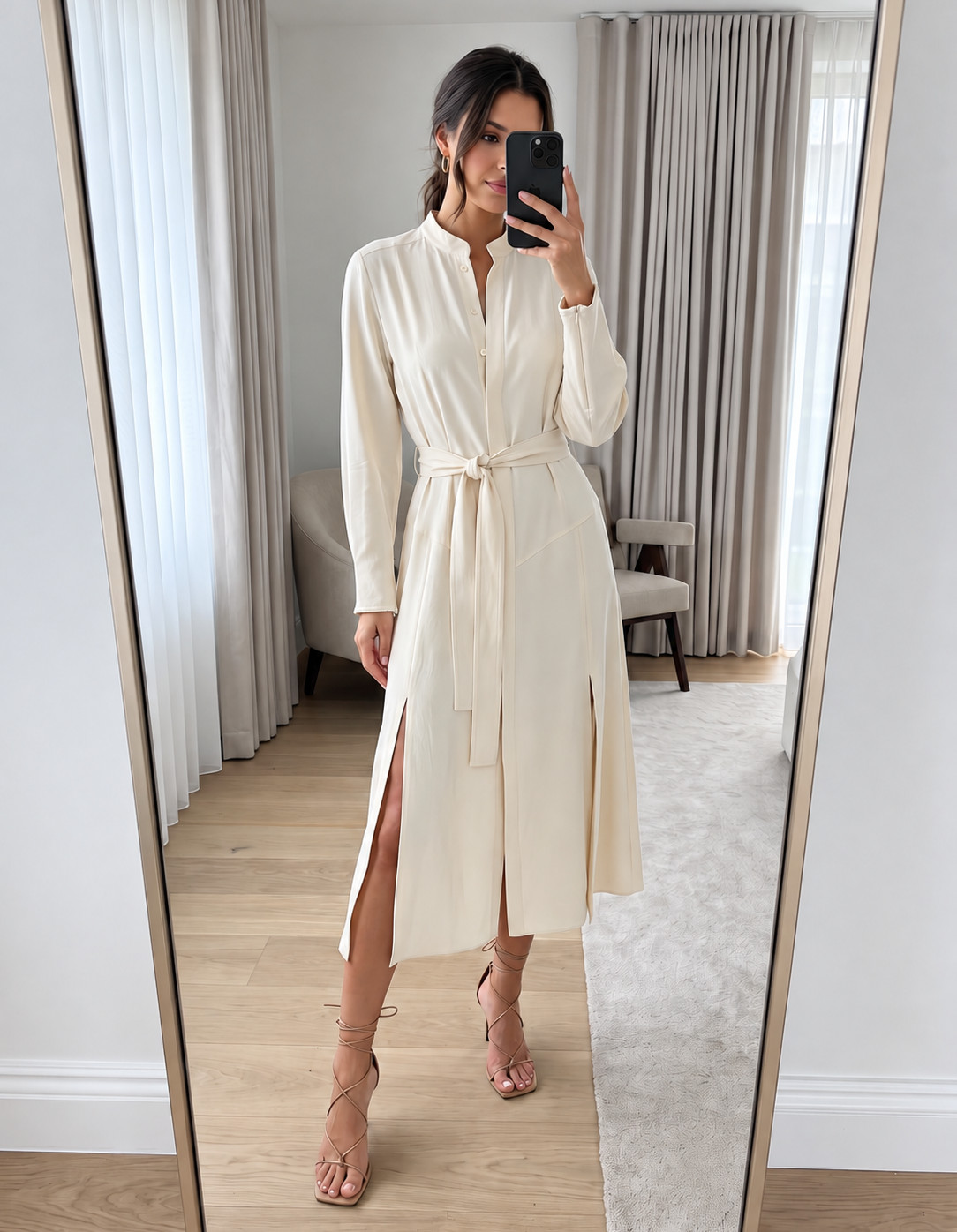 Reiss Darcy Neutral Long Sleeve Belted Midi Shirt Dress