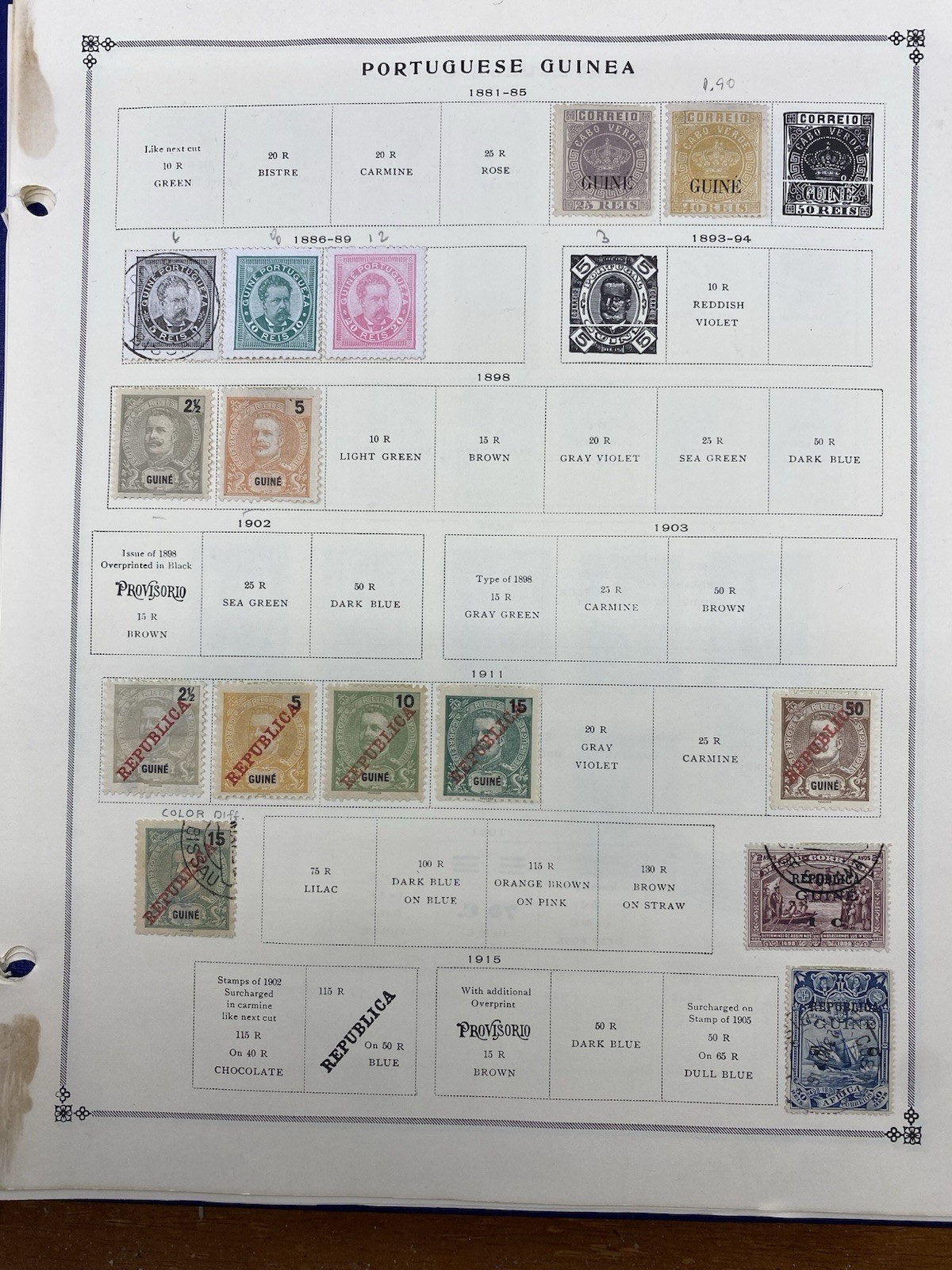 Portuguese Guinea stamps 1881-1955 on Scott Album Pages, Hinged.