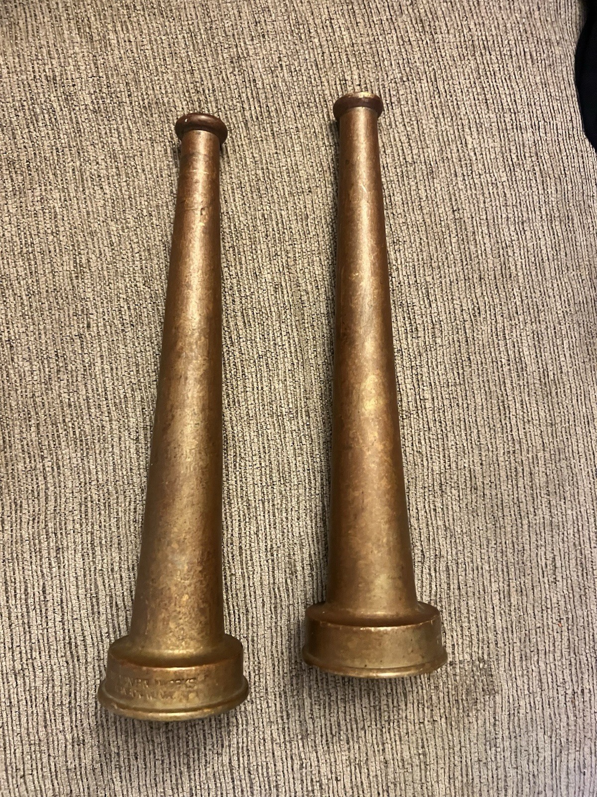 2-Vintage Powhatan B & I Brass Fire Hose Nozzles 12” 1 1/2 2-Vintage Powhatan B & I Brass Fire Hose Nozzles 12” 1 1/2
