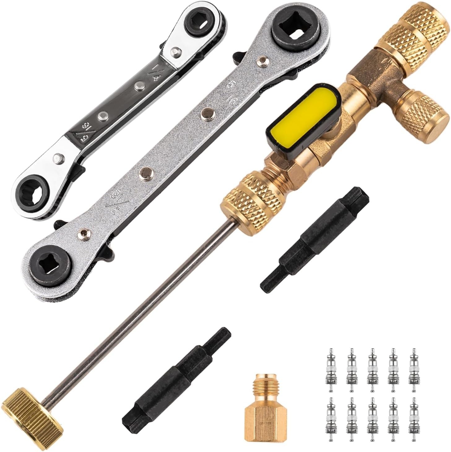 Valve Core Remover Installer Tool and HVAC Service Wrench Set with Hex Bit Ad...