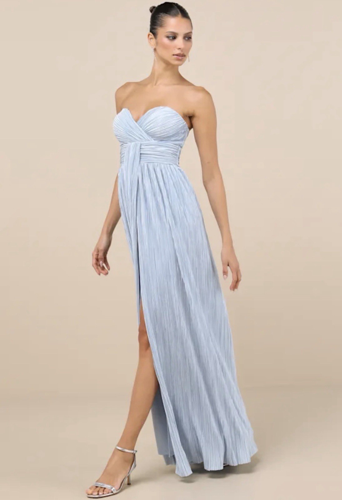 Lulus Light Blue Satin Pleated Strapless Sweetheart Maxi Dress Slit M