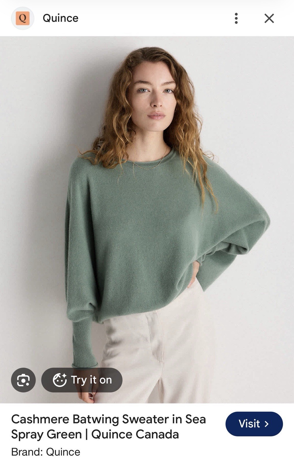 Quince Womens S/M Sea Spray Green 100% Mongolian Cashmere Batwing Sweater