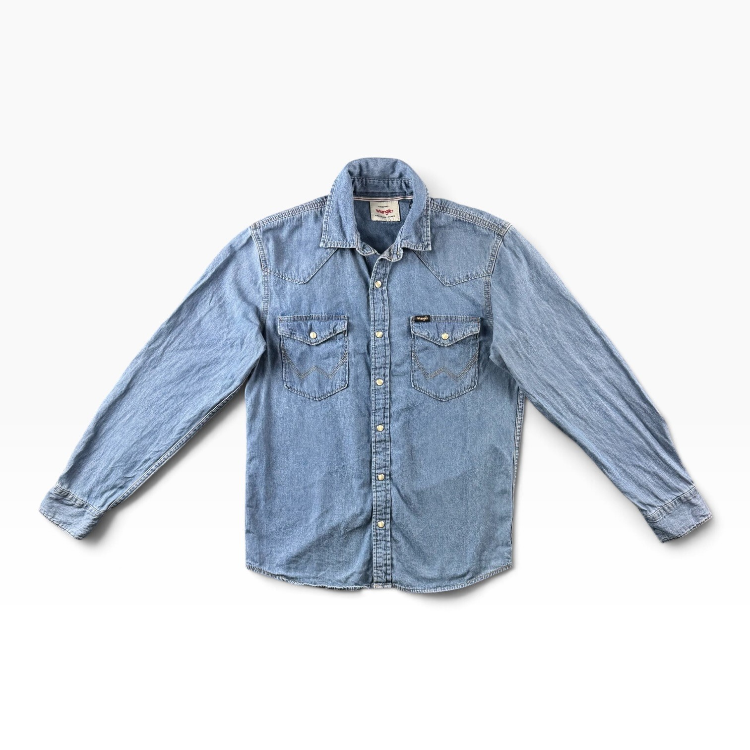 Wrangler Denim Pearl Snap Shirt Mens Medium Blue Light Wash Western Cowboy Retro