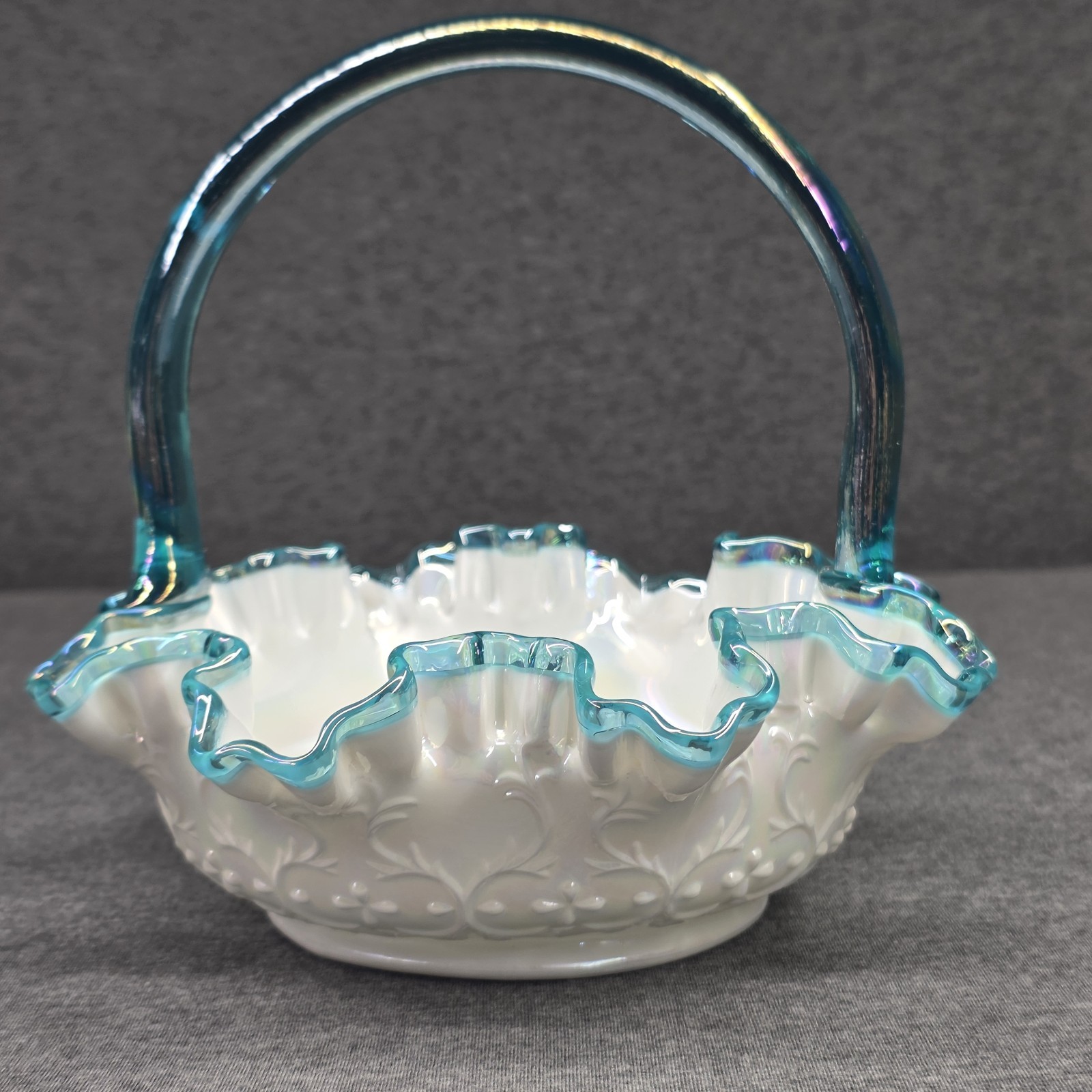 Fenton Spanish Lace Milk Glass Basket Iridescent Teal Crest QVC 1988 USA
