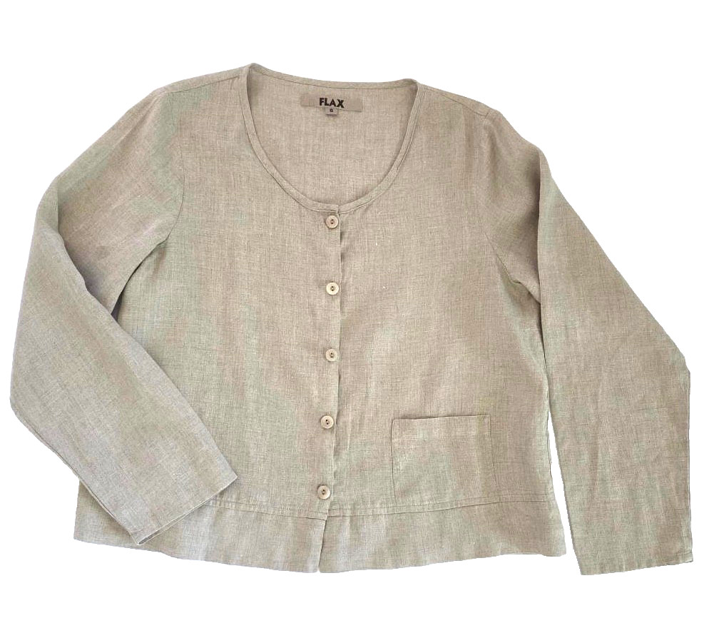FLAX Linen SMALL Cardi Tan Blouse Lagenlook Buttons Long Sleeve Pocket NEW
