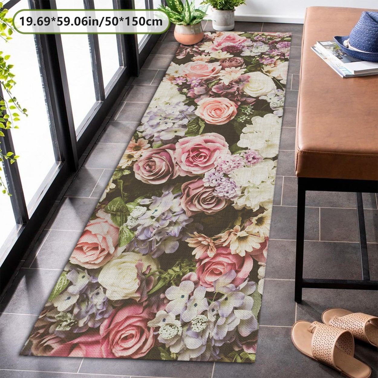 French Romantic Vintage Pink Rose Pattern Long Rectangular Carpet | Polyester,