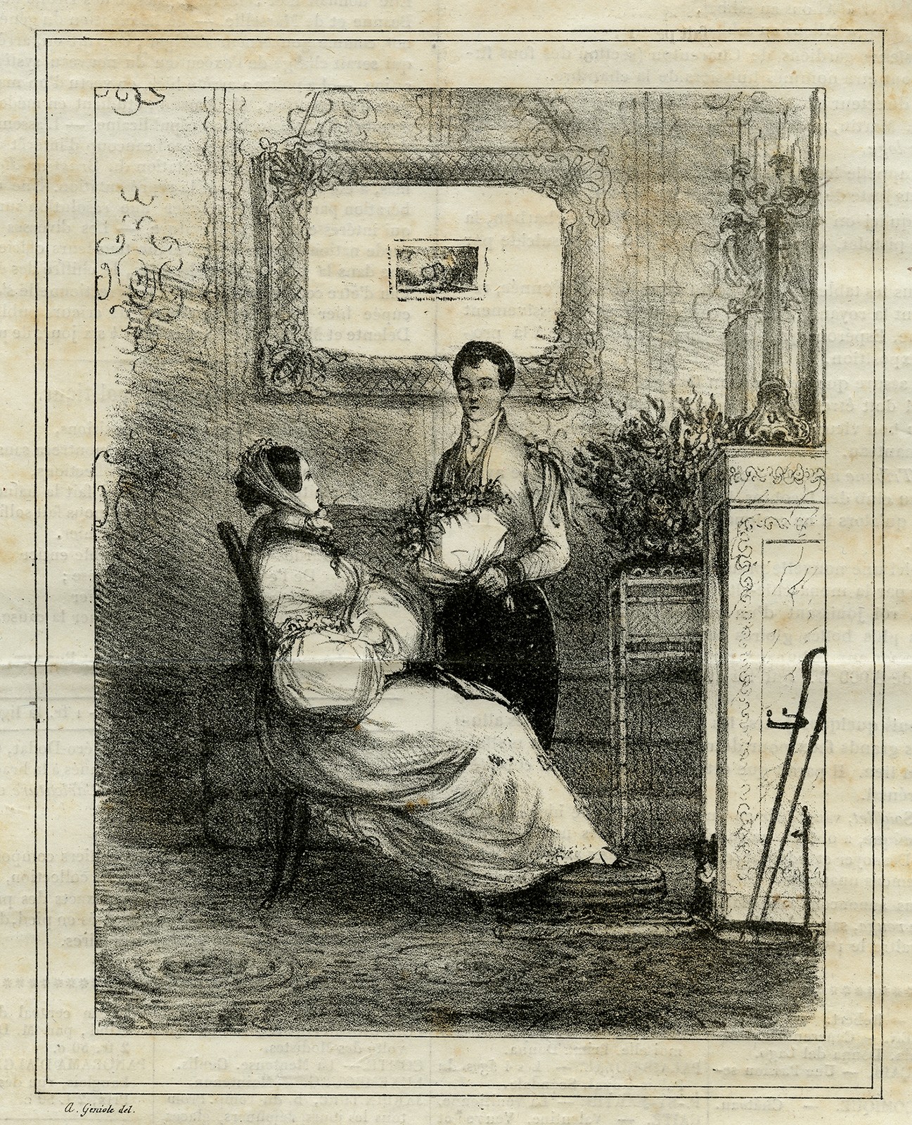 Antique Print-Interior-A woman receiving flowers-Le Charivari-Geniole-ca. 1835