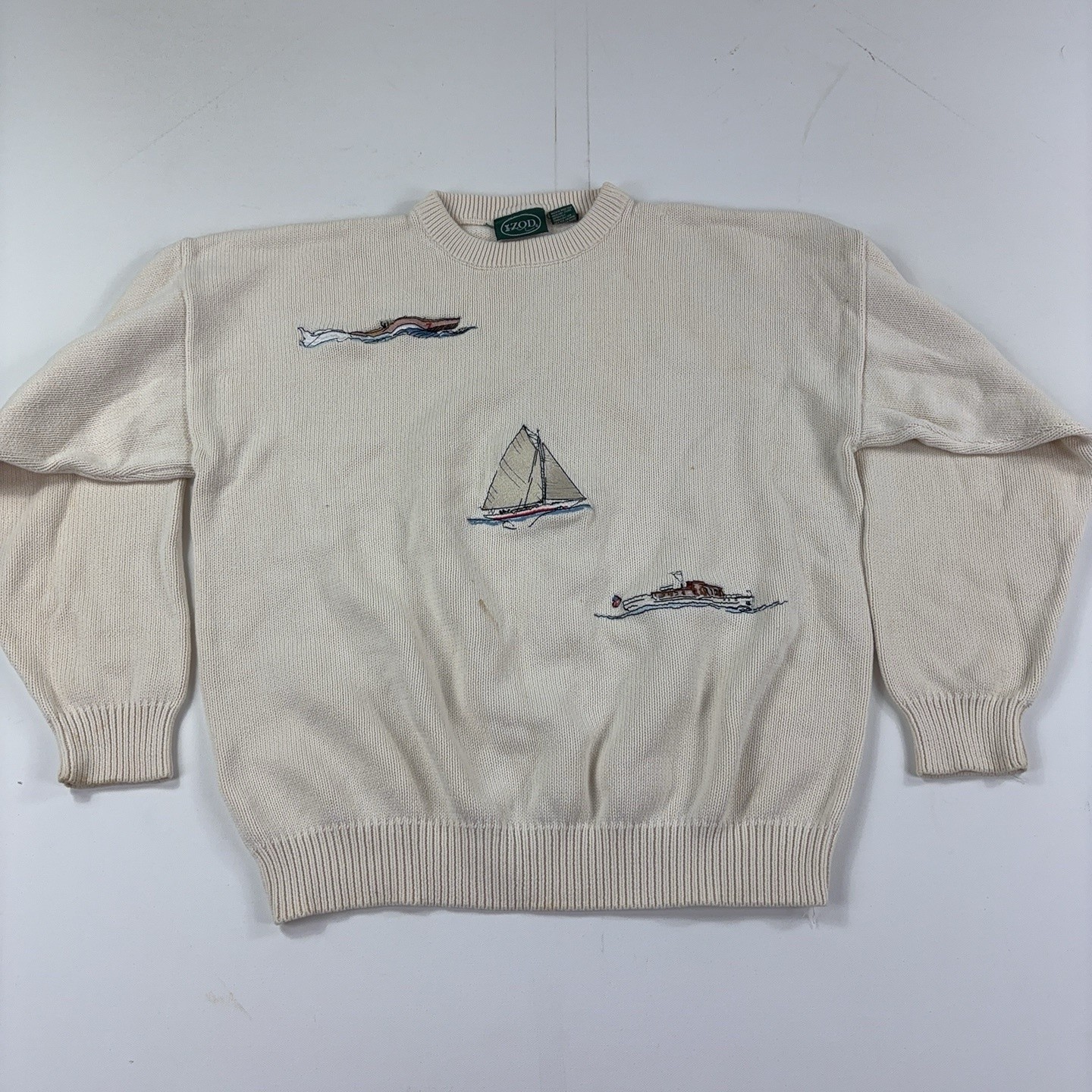 Vintage IZOD Sweater Mens Large White Cotton Crewneck Nautical Boat Graphic