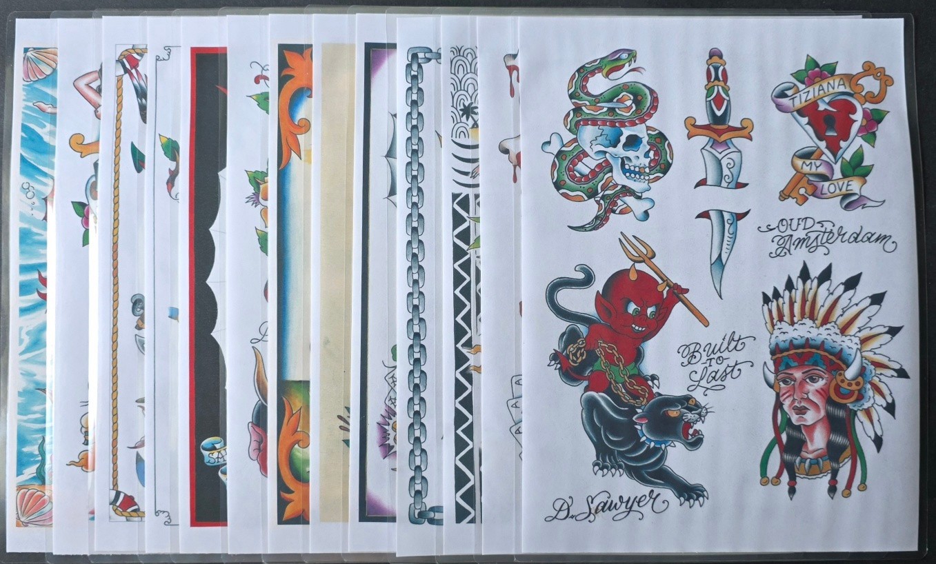 2009-2012 Danny Sawyer, Amsterdam Tattoo Museum, 13 Sheet Tattoo Flash Set. Used