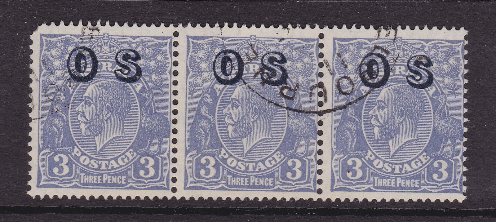 AUSTRALIA 1932 3d Blue KGV COFA WMK OVERPRINT OS USED STRIP 3 SG O124 (SH46)