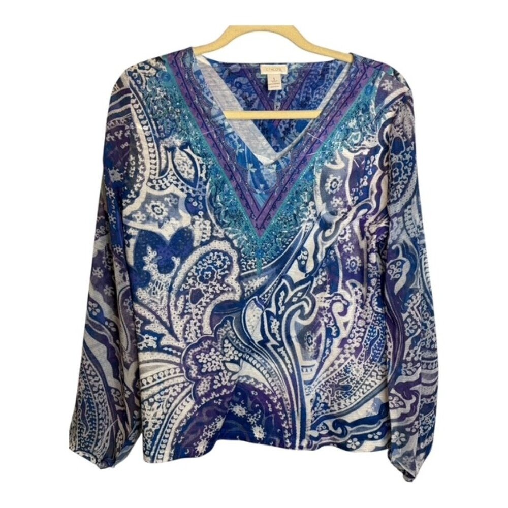 Chico\'s Blouse Women\'s Size Medium lightweight floral  purple blue Chico\'s 1