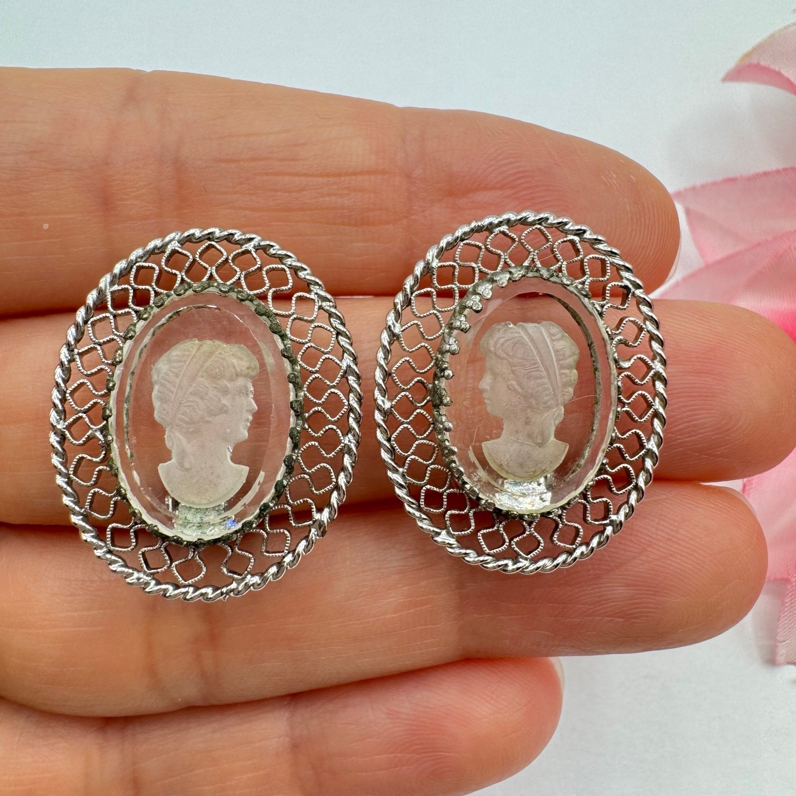 Vintage Whiting & Davis Intaglio Filigree Earrings Carved Glass Cameo Clip On