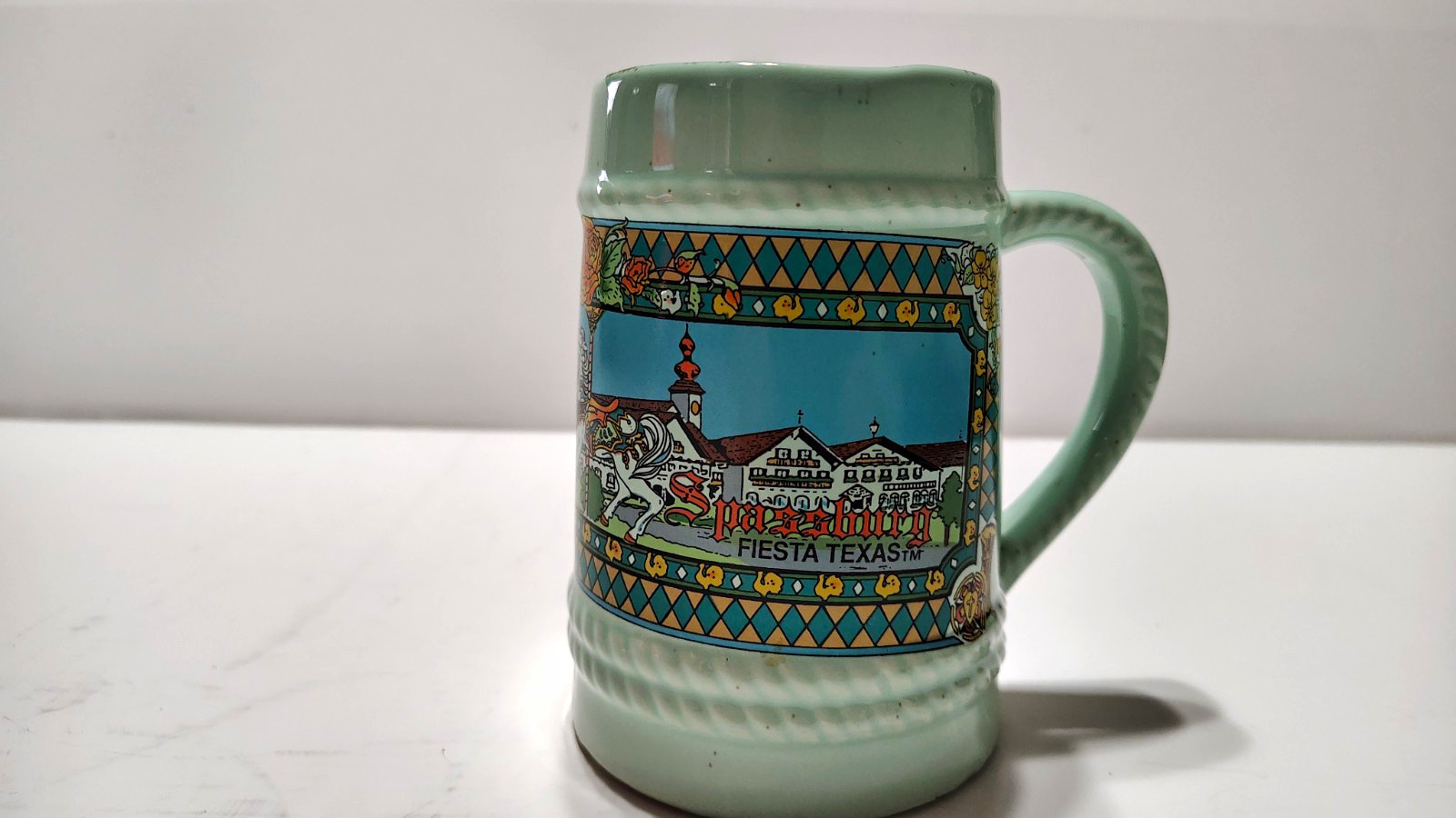 Vintage Fiesta Texas Green Ceramic Beer Stein Mug 16 fl oz Geometric Decor