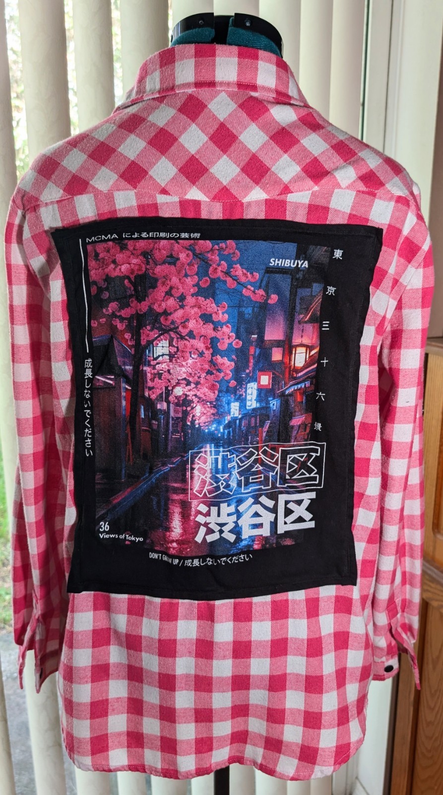Upcycled Pink Gingham Flannel Shirt, Shibuya Cherry Blossom Patch, Cyberpunk XL