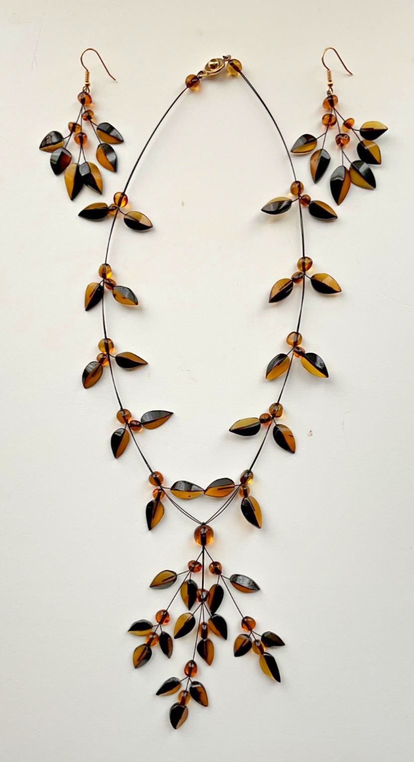 Genuine Baltic Honey Cognac Amber Fall Leaves Hook Earrings & Necklace Set 18 in