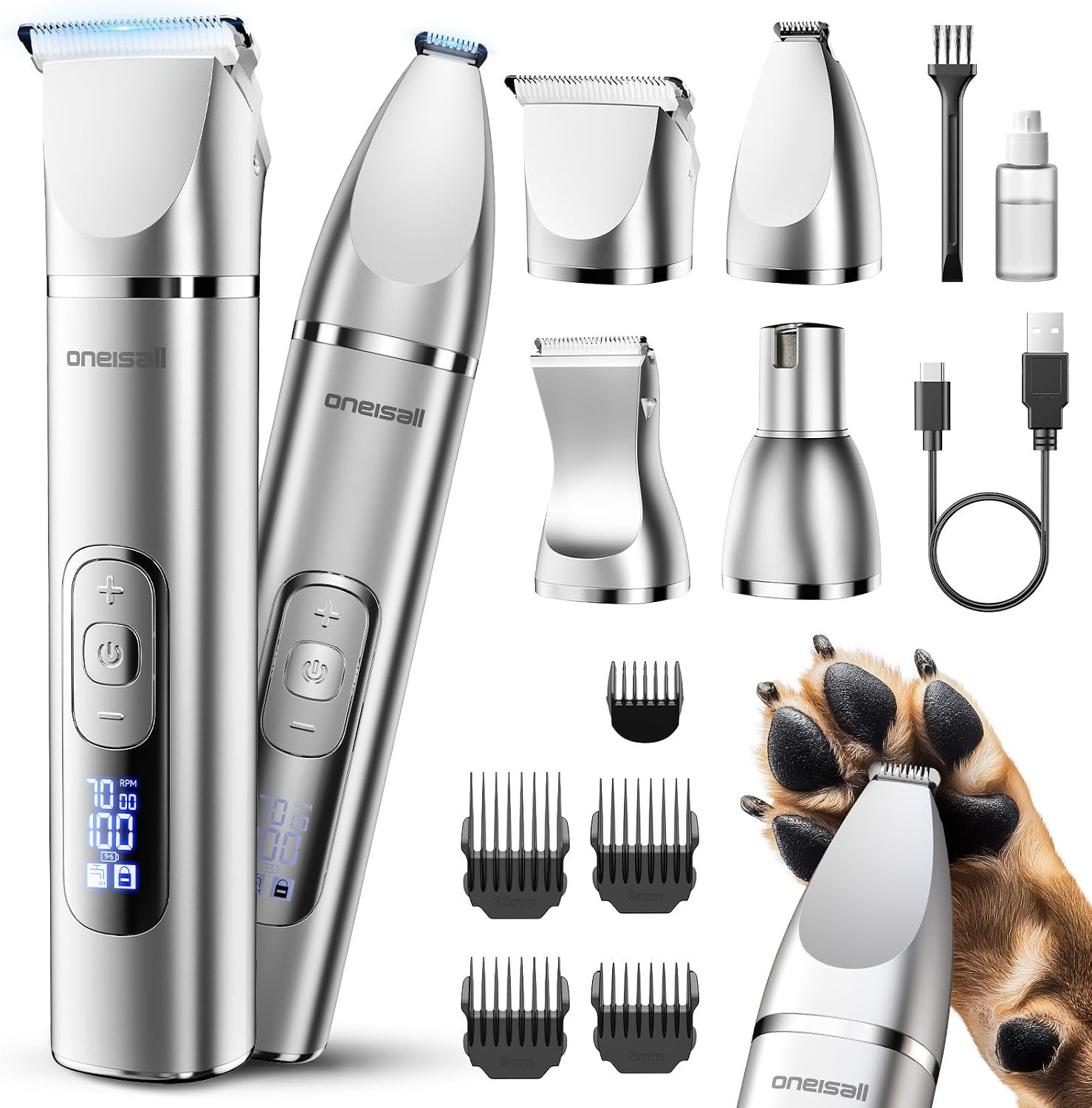 oneisall 4-in-1 Dog Grooming Kit: Paw Trimmer & Nail Grinder