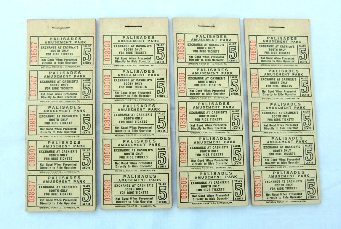 Vtg 1950s Lot NEW 4 Packs Total 180 Tickets Palisades Amusement Park Rides 5¢ Vtg 1950s Lot NEW 4 Packs Total 180 Tickets Palisades Amusement Park Rides 5¢