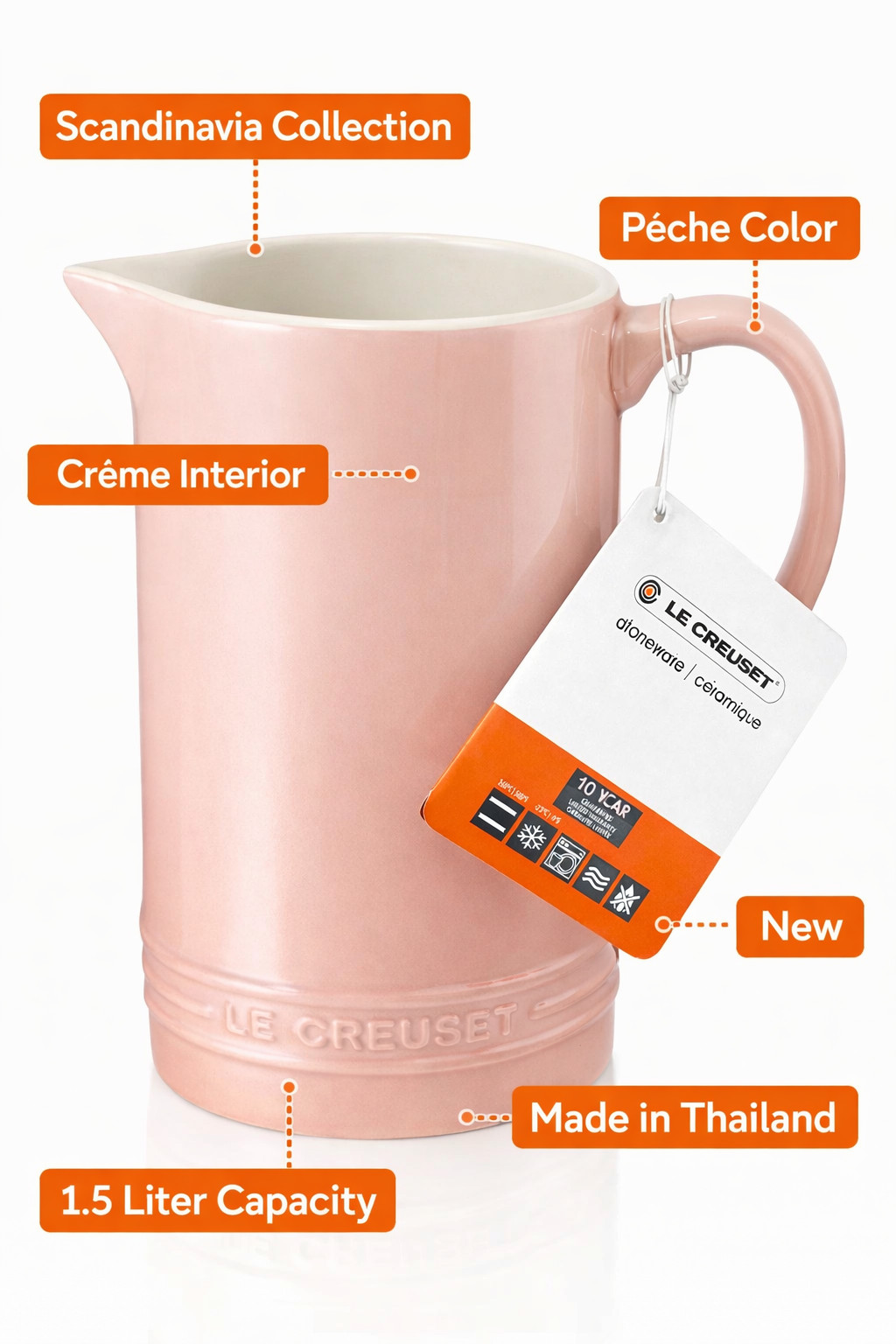 Le Creuset Scandinavia 1.5L Stoneware Pitcher – Peach – Ceramic Jug – New